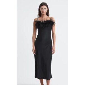 NEW Sleeper Black Feather Trim Midi Slip Dress NWT - Size L